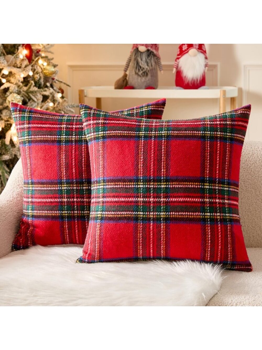 Christmas Plaid Decorative Pillow Covers Set of 2 | 18x18 Inch Red Holiday Decor